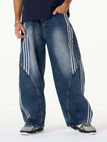 Denim Contrast Striped Stitching Barrel Jeans - 2504 