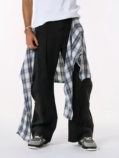Denim Faux Two-piece Plaid Detachable Scimitar Jeans - 2435 