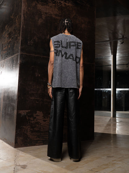 Cross-Print Distressed Washed Vest 