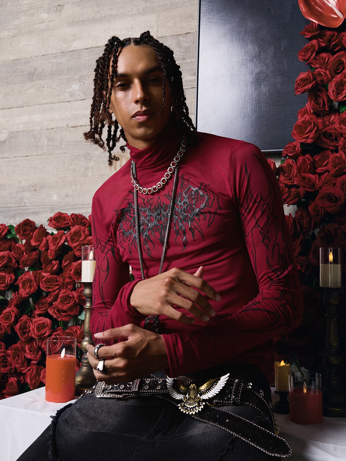 Dark Style Printed Slim Mesh Long Sleeves T-Shirt 