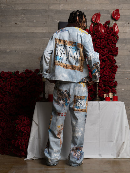 Artistic Patches Graphic  Distressed Denim Jacket - 2573 