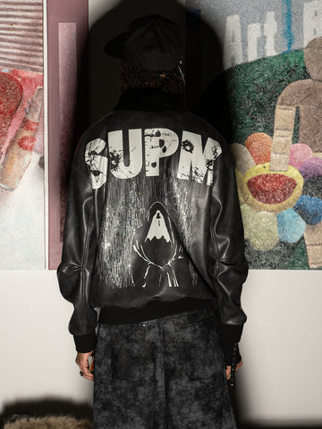 SUPM Fur Collar Rhinestone Pattern Leather Jacket - 2557 