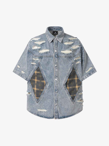 Retro Washed Plaid-Paneled Distressed Denim Set 