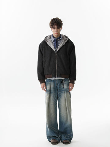 Retro Reversible Fleece Lined Zip-up Hooded Jacket 