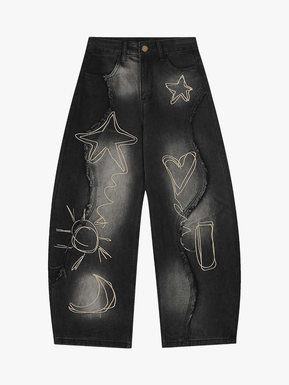 Vintage Embroidered Washed Raw-Edge Graffiti Scimitar Jeans 