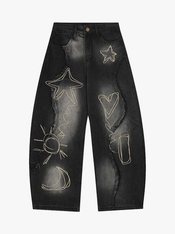 Vintage Embroidered Washed Raw-Edge Graffiti Scimitar Jeans 