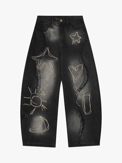 Vintage Embroidered Washed Raw-Edge Graffiti Scimitar Jeans 