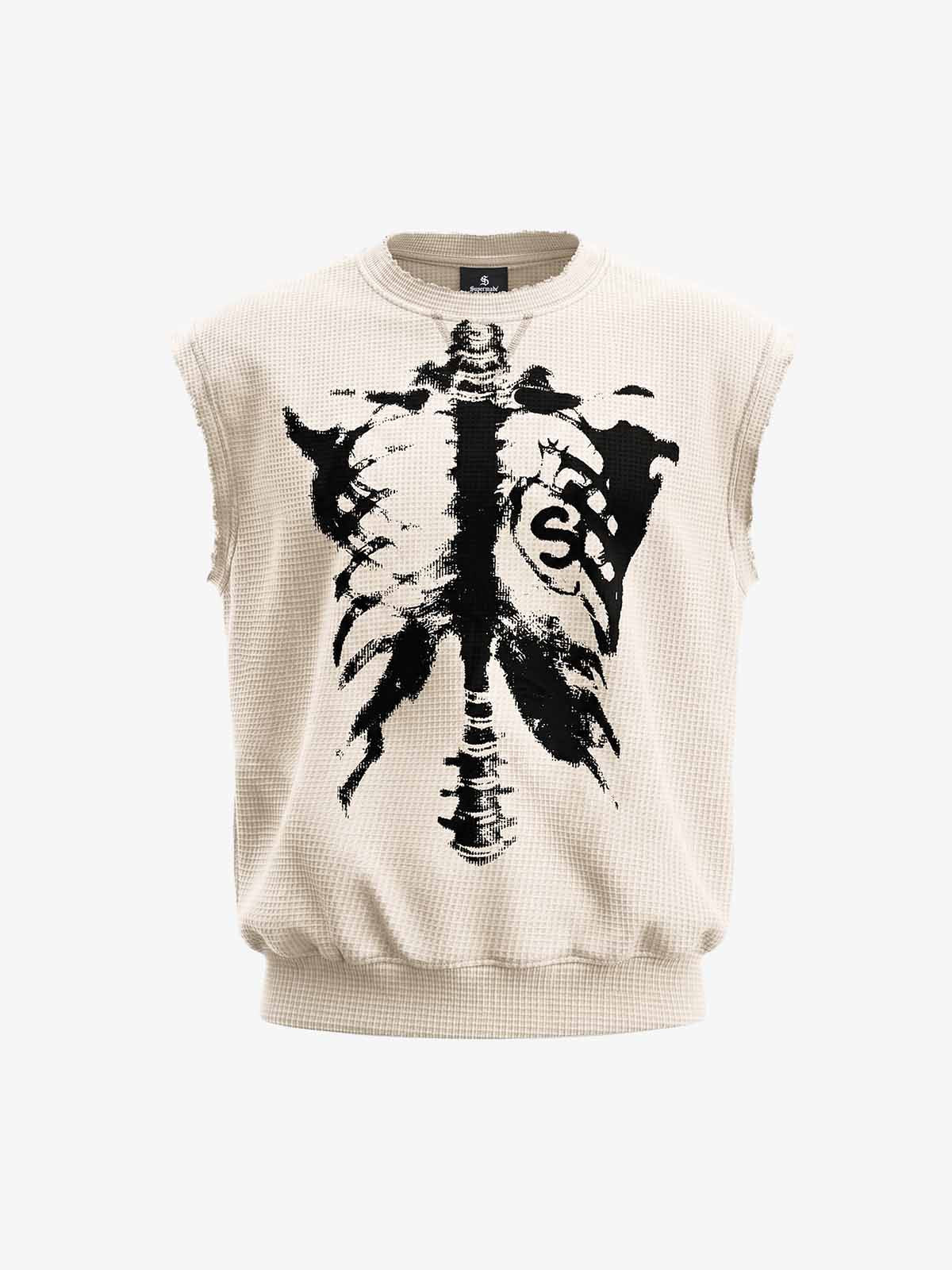Vintage Skeleton Graphic Waffle Knit Sleeveless Vest 