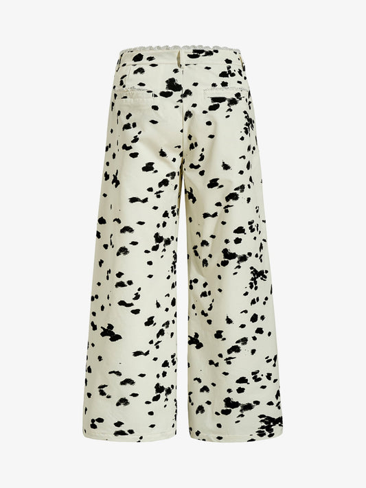 Cow Print Lace Trim Straight Leg Pants 