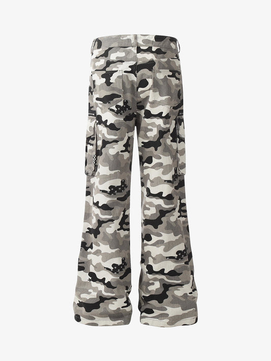 Checkerboard Patches Camo Cargo Flared Pants 