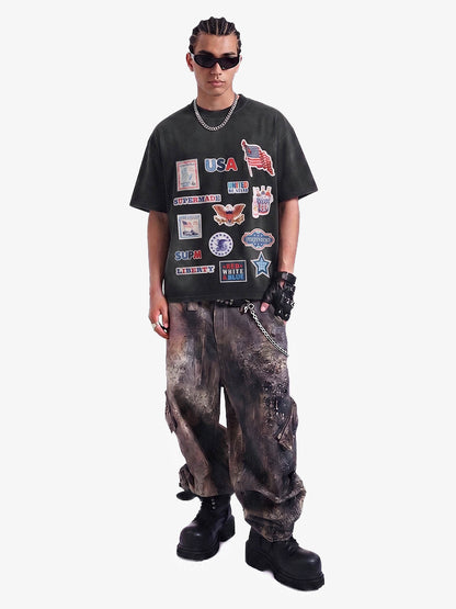 Washed Vintage Sticker Print T-Shirt