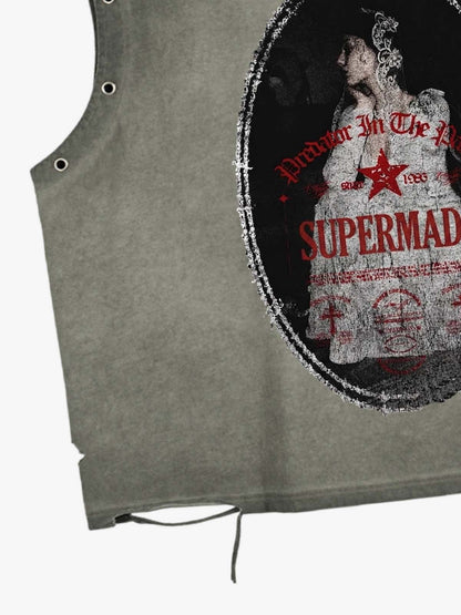Man in the Mirror Graphic Studded Distressed Vest