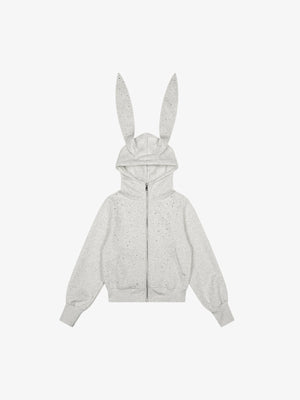 Rhinestone Bunny Ear Cropped Zip-Up Hoodie
