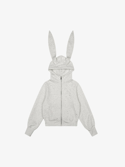Rhinestone Bunny Ear Cropped Zip-Up Hoodie
