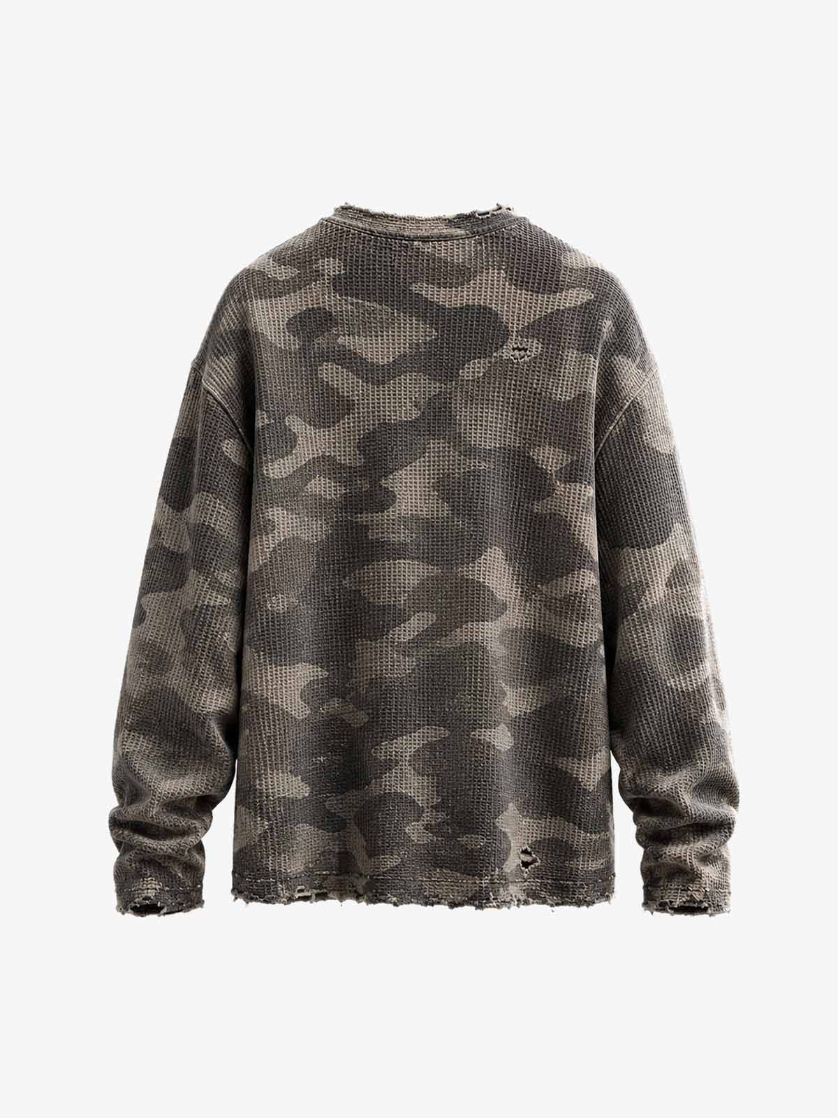 Distressed Waffle Knit Camo Long Sleeve with Skull Print