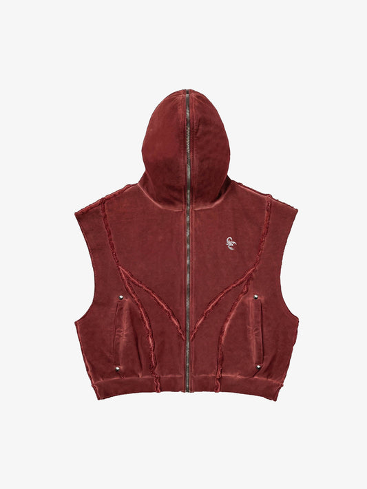 Vintage Distressed Full-Zip Hooded Sleeveless Vest 
