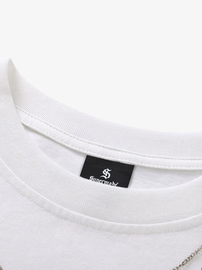 Dark Letter Graphic T-Shirt with Necklace Detail