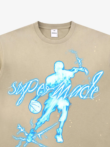 thesupermade "Energy Burst" Basketball Player Cyber Aesthetic Electric Print T-Shirt – Vintage Washed Oversized Basketball Streetwear T-Shirt 