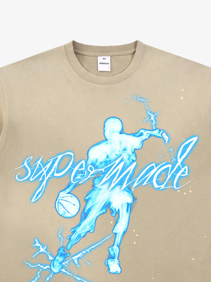 thesupermade "Energy Burst" Basketball Player Cyber Aesthetic Electric Print T-Shirt – Vintage Washed Oversized Basketball Streetwear T-Shirt 