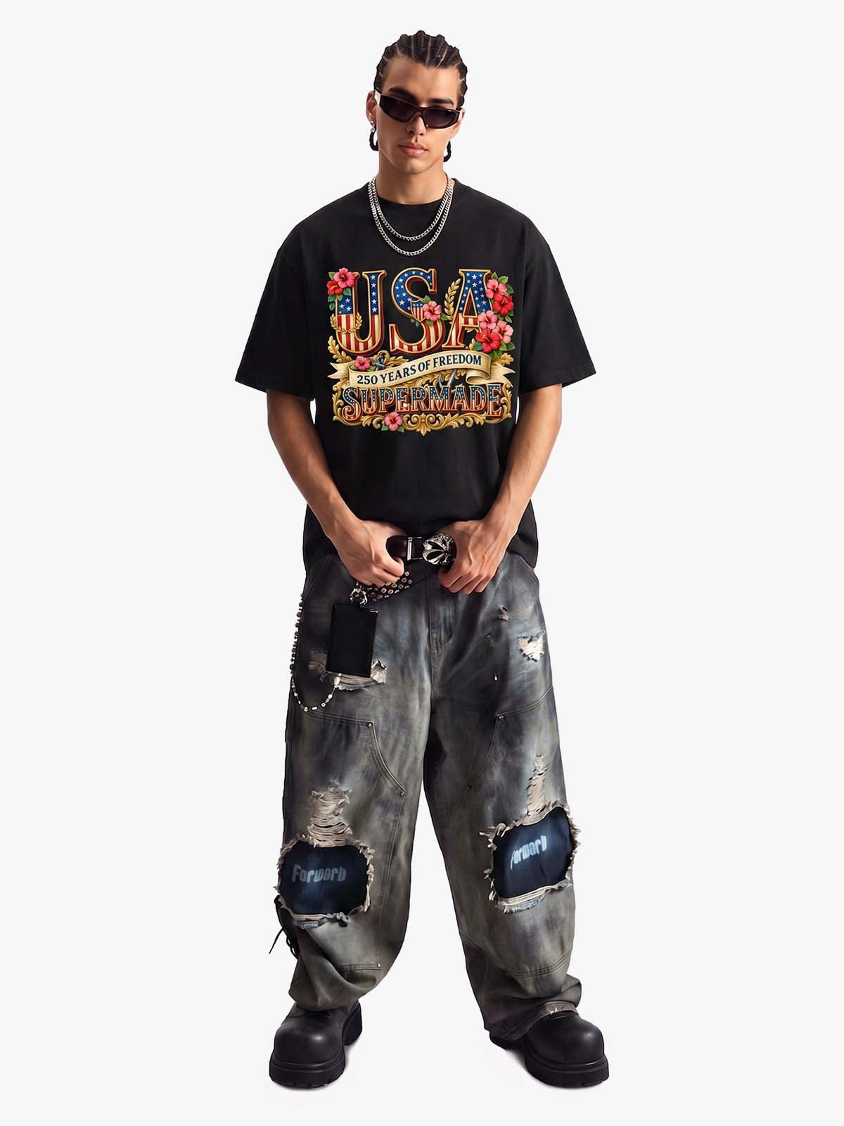 Floral USA Flag Graphic T-Shirt