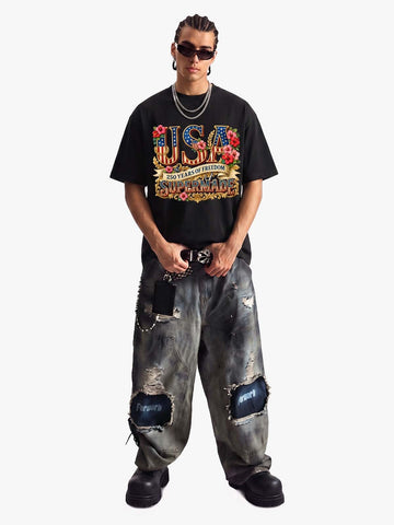 Floral USA Flag Graphic T-Shirt