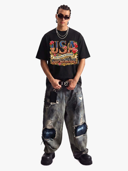 Floral USA Flag Graphic T-Shirt