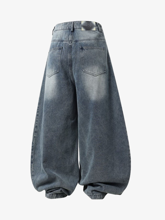 Wrinkle Effect Print Wide Leg Denim Jeans 