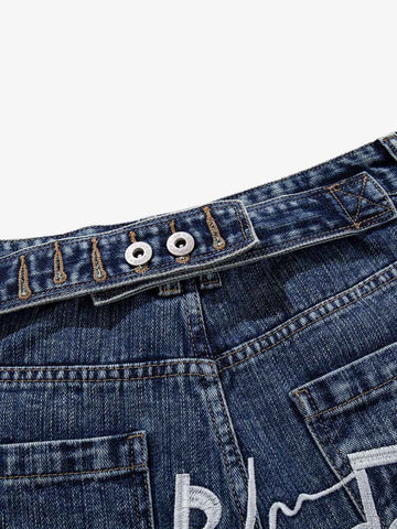 Music Print Denim Shorts with Embroidered Notes