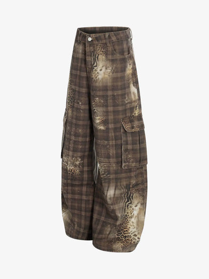 Plaid Leopard Print Cargo Barrel Jeans 