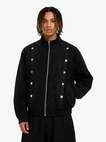 Vintage Stand Collar Metal Button-Structured Bomber Jacket 