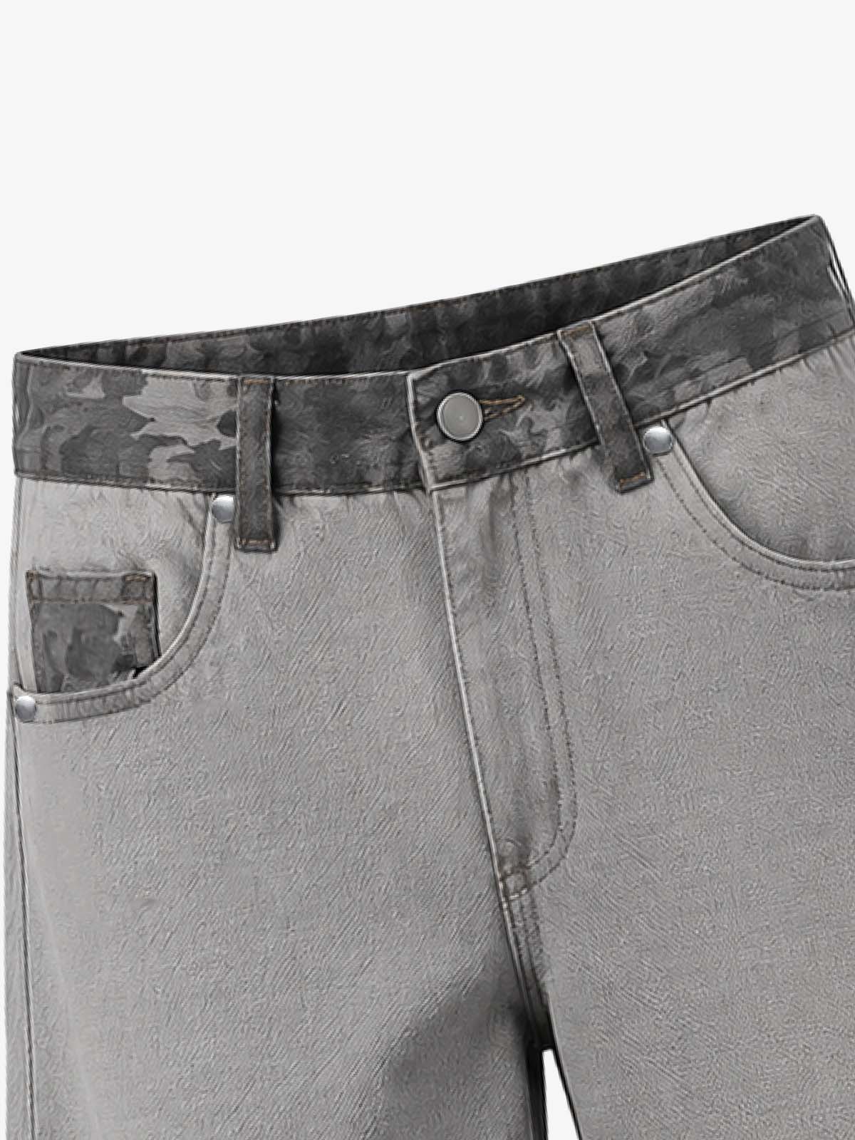 Light Grey Camo Wide-Leg Pants with Embroidered Detail