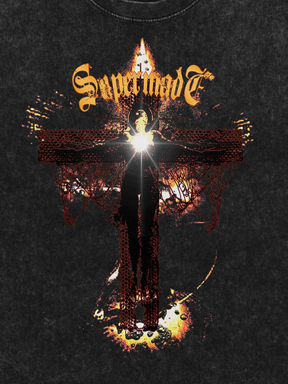 Washed Gothic Cross Graphic T-Shirt 