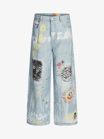 Retro Spray Graffiti Fun Straight Jeans - 2448 