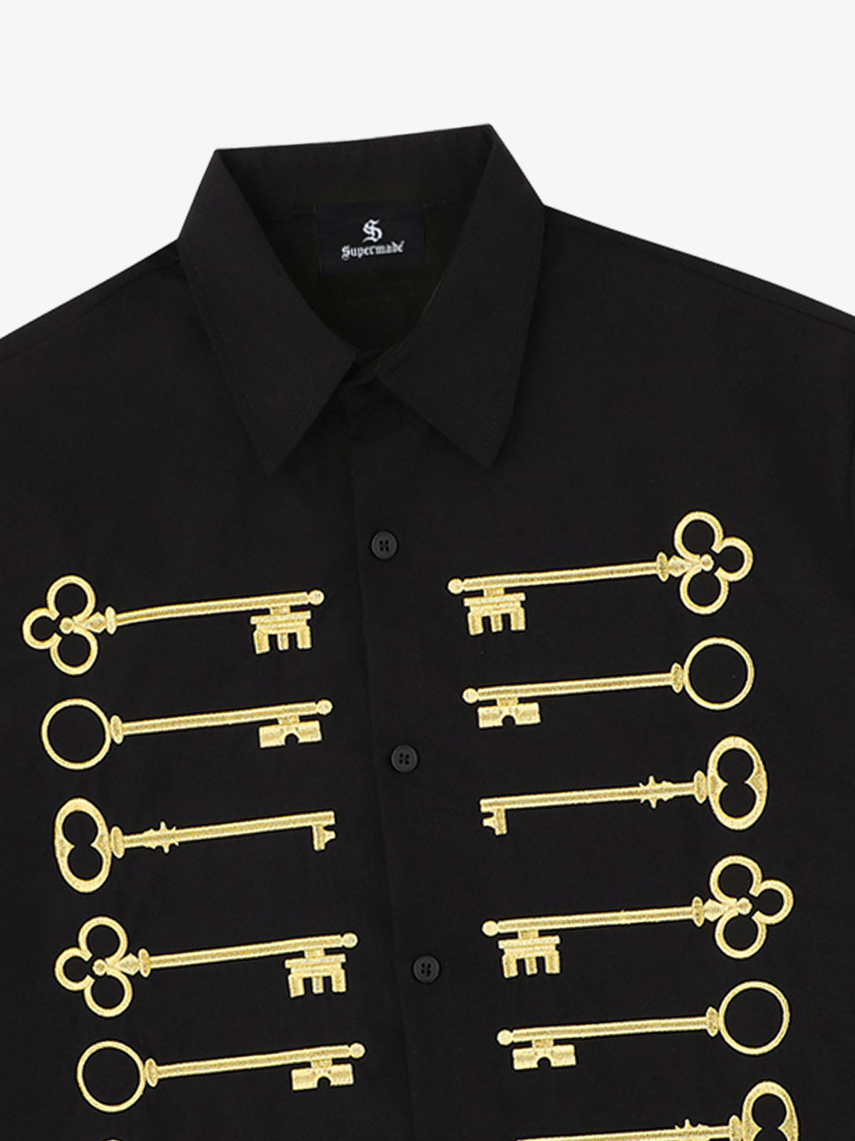 Black Cotton Button-Up Shirt with Gold Embroidered Key Motif – Classic Fit Top