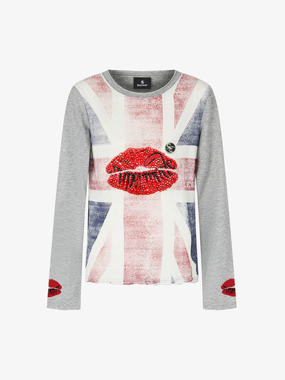 Cotton Casual T-Shirt with Lip Print Sleeve Detail