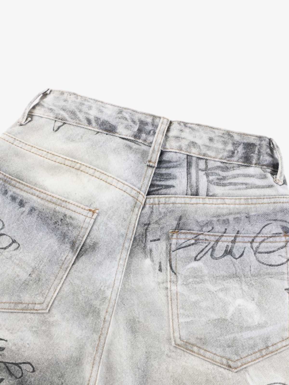 Hand Drawn Scribble Print Baggy Jeans 