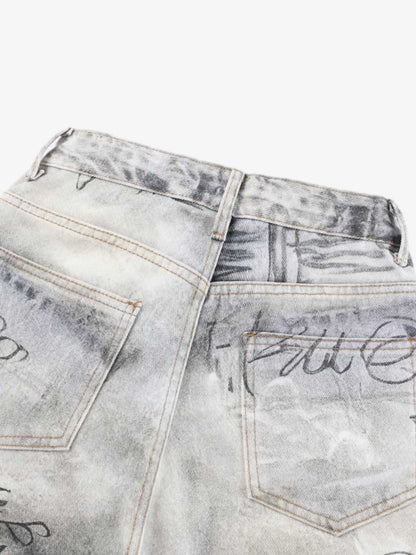 Hand Drawn Scribble Print Baggy Jeans 