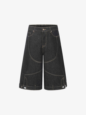 Retro Contrast Stitching Curved Leg Denim Jorts 