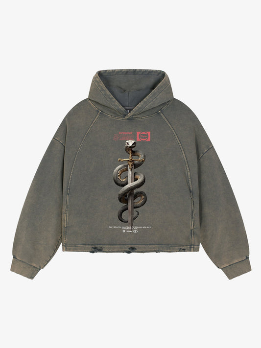 Vintage Washed Snake Staff Graphic Hoodie 