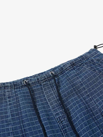 Grid Print Cotton-Linen Drawstring Shorts – Relaxed Fit Casual Streetwear
