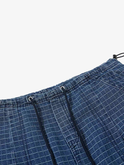 Grid Print Cotton-Linen Drawstring Shorts – Relaxed Fit Casual Streetwear