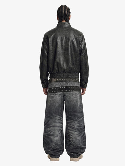 Retro Leather Stand-Collar Elastic Hem Jacket 