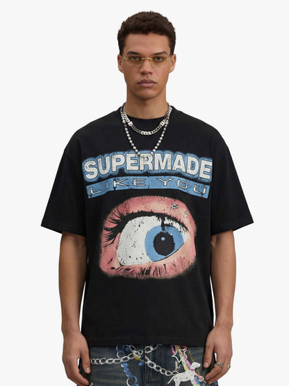 Waffle Knit Eye Graphic Letter Print T-Shirt 