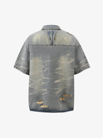 Washed Black Branch Print Deconstructed Denim Set 