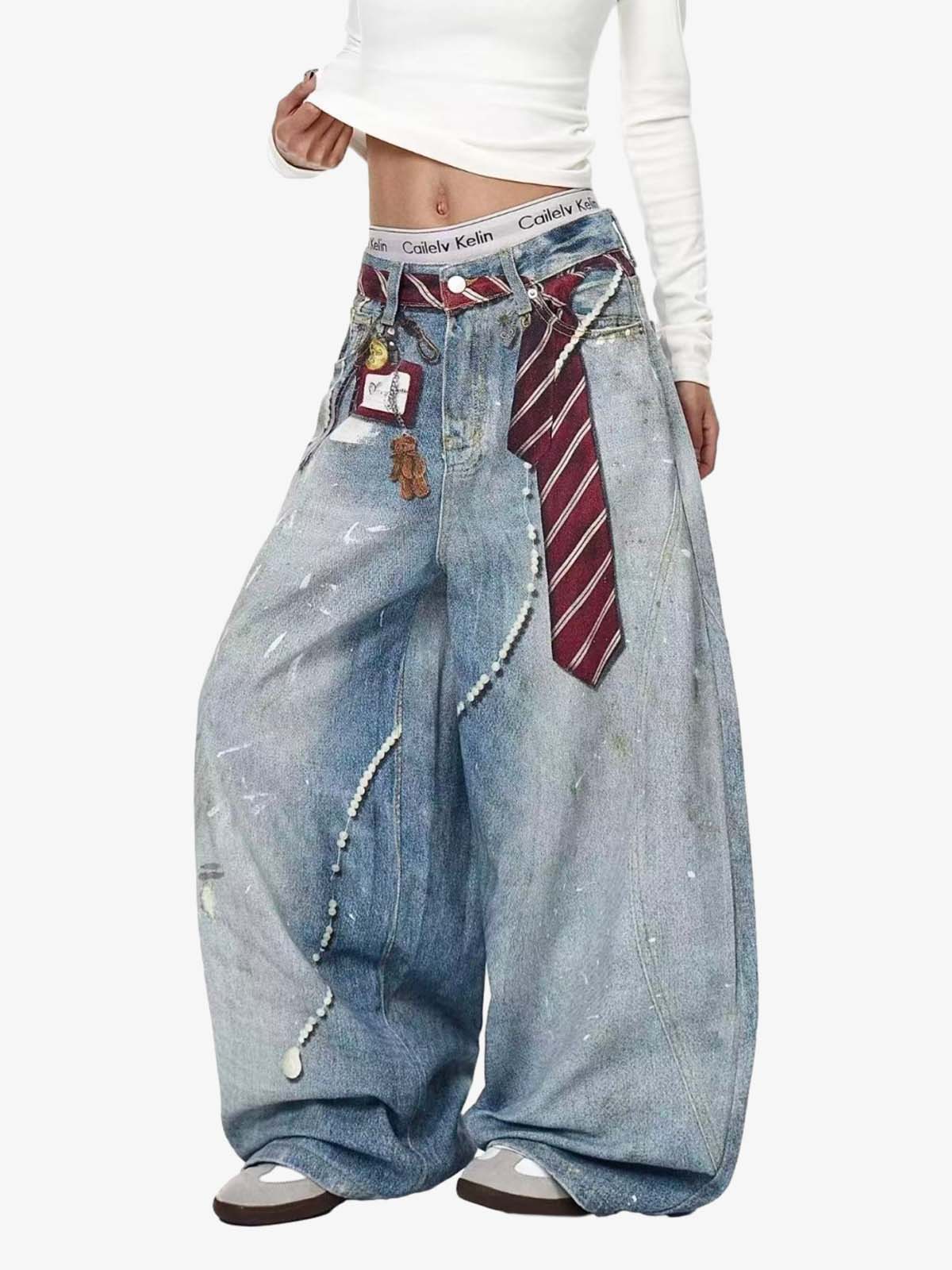 Tie Graphic Print Vintage Wash Wide Leg Denim Jeans 