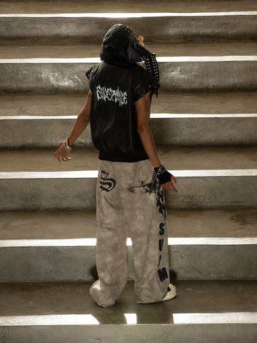 Thorn Destruction Frame Pattern Leather Vest 