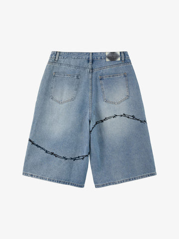 Vintage Barbed Wire Embroidery Distressed Washed Denim Jorts 