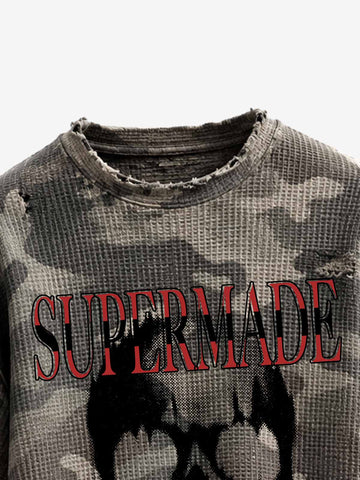 Distressed Waffle Knit Camo Long Sleeve with Skull Print