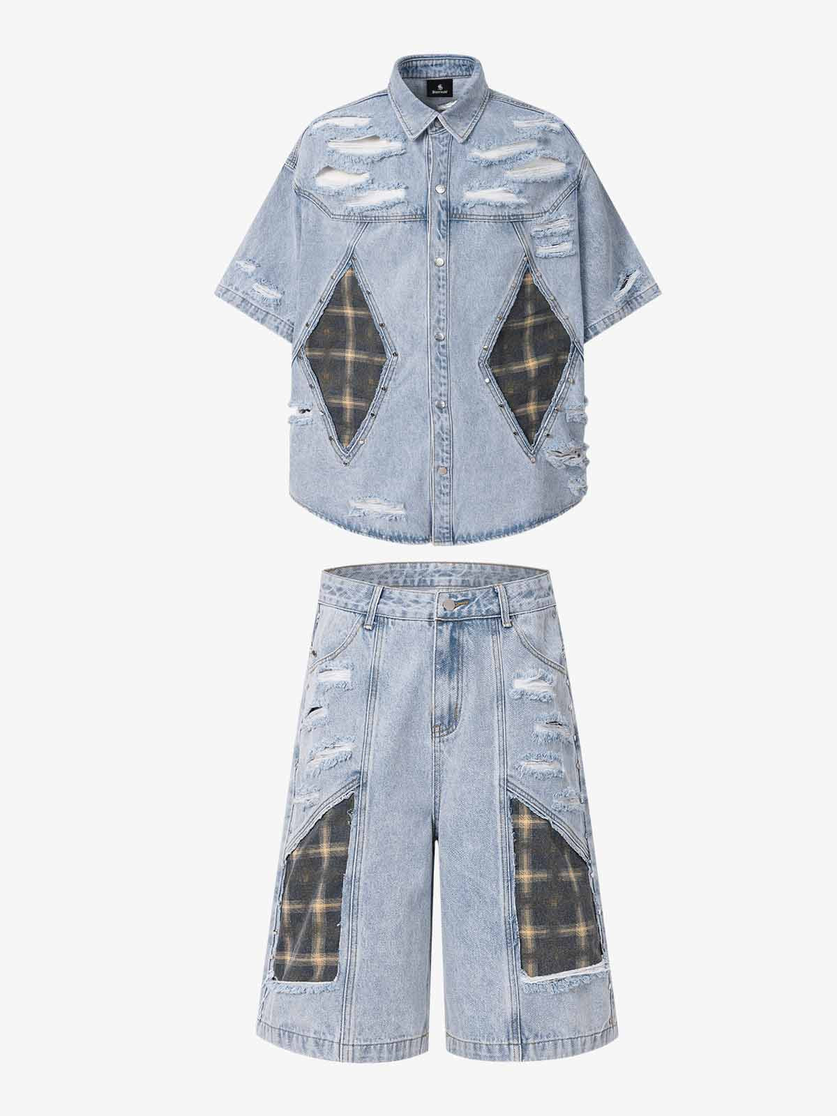 Retro Washed Plaid-Paneled Distressed Denim Set 