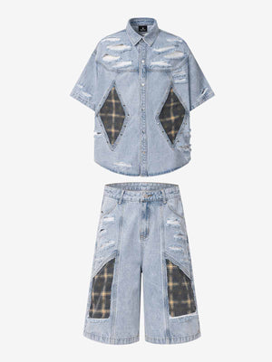 Retro Washed Plaid-Paneled Distressed Denim Set 